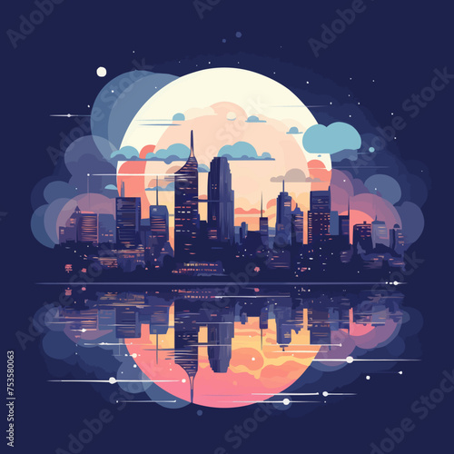 A city skyline is reflected in a body of water. Vector illustration