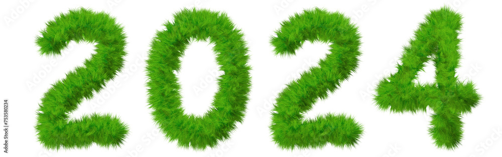 Concept conceptual 2024 year made of green summer lawn grass symbol isolated on white background. 3d illustration as a metaphor for future, nature, environment, organic growth, ecology, conservation Concept conceptual 2024 year made of green summer lawn grass symbol isolated on white background. 3d illustration as a metaphor for future, nature, environment, organic growth, ecology, conservation