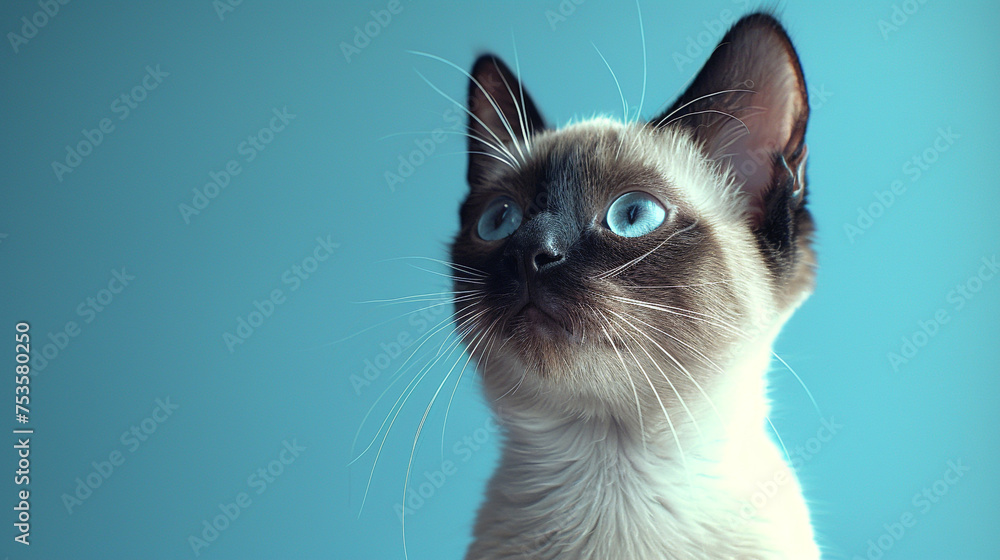 A Siamese cat with distinctive dark points, posed against a solid indigo background that enhances its elegance.