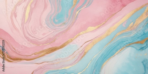 Abstract watercolor paint background illustration Soft pastel pink blue colour and golden lines, with liquid fluid marbled paper texture banner texture