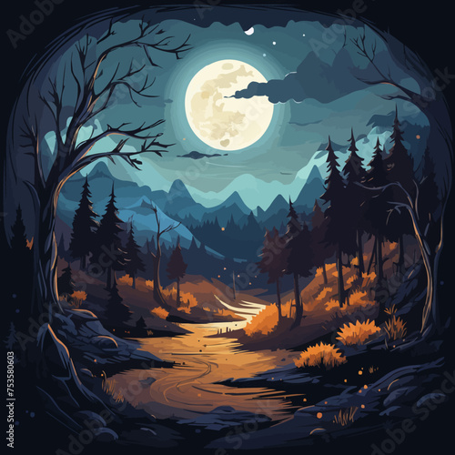 A dark forest with a moon in the sky. Vector illustration