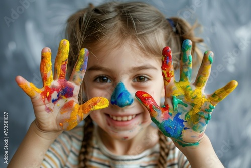 A young girl with colorful paint on her hands and face is smiling