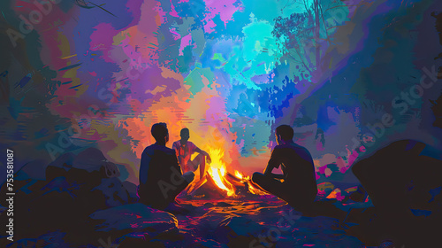Relaxing Evening: Friends Sitting Around a Campfire. Retro Modernist Minimal Pop Art Style