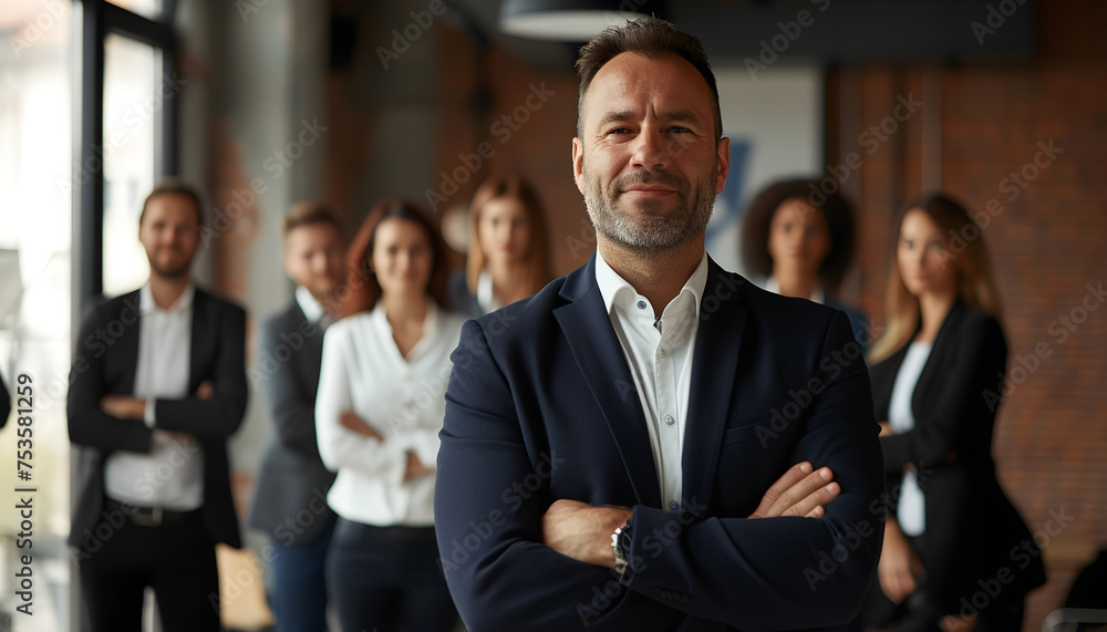 Smiling business man leader standing in office at team meeting, business woman standing in office with work colleagues. Confident man in formal wear stands at her workplace Smiling business man leader standing in office at team meeting, business woman standing in office with work colleagues. Confident man in formal wear stands at her workplace
