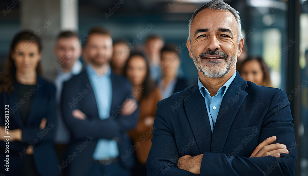 Smiling business man leader standing in office at team meeting, business woman standing in office with work colleagues. Confident man in formal wear stands at her workplace Smiling business man leader standing in office at team meeting, business woman standing in office with work colleagues. Confident man in formal wear stands at her workplace
