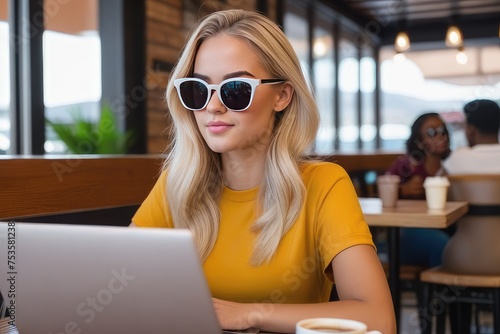 woman with laptop in cafe