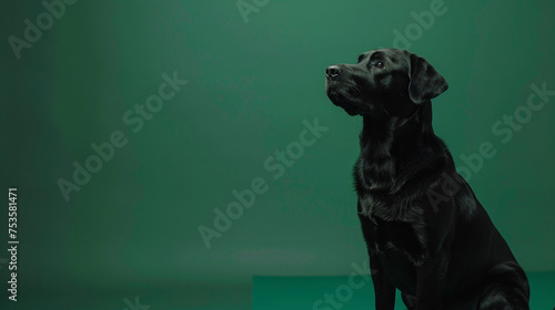 A sleek and shiny black Labrador sitting attentively against a rich emerald green surface.