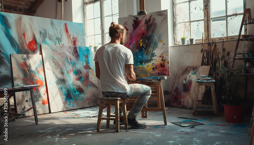 Creative Male artist drawing with oil painting in her art Creative Woman artist drawing with oil painting in her art studio, smiling carefree female making a new painting on a canvas.