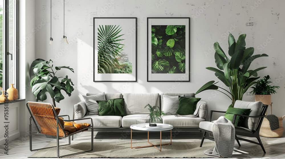 mock up poster frame in modern interior Stylish Scandinavian living room with design furniture, plants, bamboo book stand and wooden table, 3D render  3D illustration.
