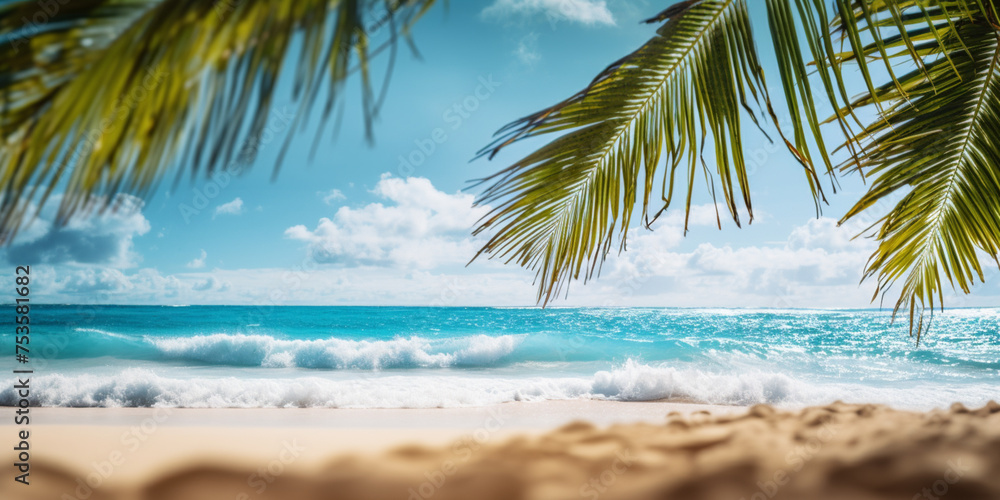 Tropical beach panorama view, coastline with palms, Caribbean sea in sunny day, summer time, Tropical seascape with Palm trees, turquoise sea or ocean under sky with white clouds. 