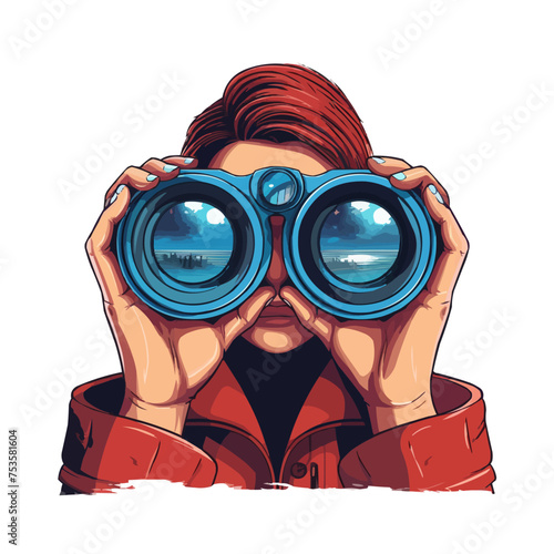 A woman is looking through binoculars at a beach. Vector illustration