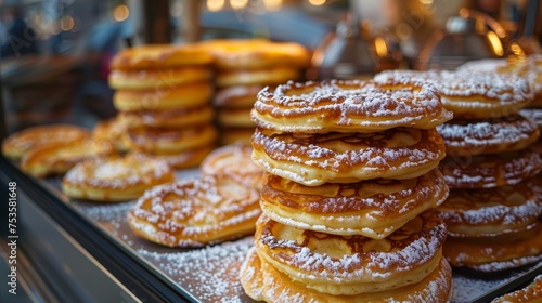 High stack of golden brown pancakes sprinkled with powdered sugar, ready to be served at a street food market.