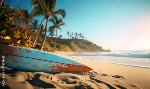 Surfboard on the tropical beach by the ocean with palm tree, Summer wallpaper background. Travel, adventure and water sports.. © Andrii IURLOV