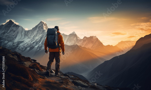 Male hiker traveling, walking alone in Himalayas under sunset light. Man traveler enjoys with backpack hiking in mountains. Travel, adventure, relax, recharge concept. 
