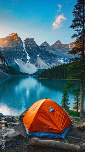 Orange camp tent placed in front of the blue lake surrounded by mountains. Vertical poster © AnaV