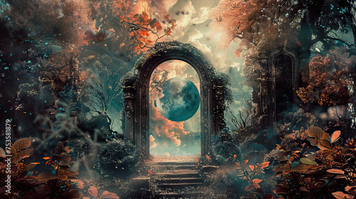 Parallel Realms: Doorways to Different Worlds in a Mystical Forest. photo