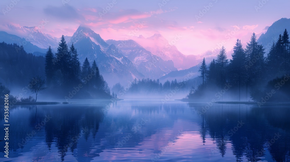 Twilight descends with vibrant pink hues over a mist-enshrouded mountain lake flanked by dark silhouettes of trees.
