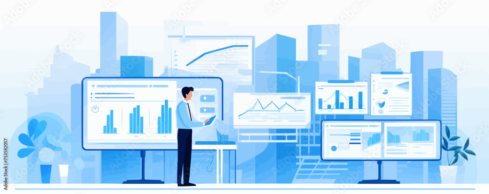 A man is standing in front of a computer monitor with a city background. Vector illustration A man is standing in front of a computer monitor with a city background. Vector illustration