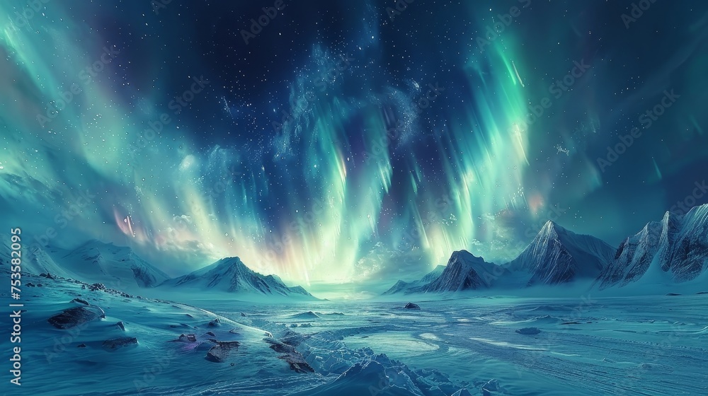 The Northern Lights unfold in a stunning display of color across the night sky over a stark and beautiful icy wilderness.