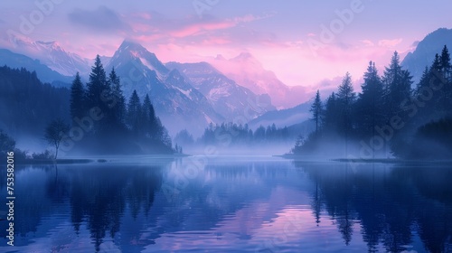 Twilight descends with vibrant pink hues over a mist-enshrouded mountain lake flanked by dark silhouettes of trees. © Sodapeaw