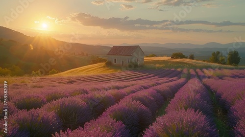 The sun sets over rolling lavender fields, casting golden light on a quaint stone house in a pastoral landscape.