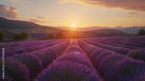 The setting sun casts a breathtaking glow on rows of vibrant lavender, highlighting the contours of the hilly landscape.