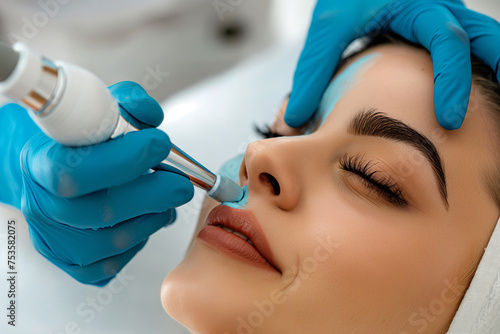 Cosmetologist applying facial mask on woman s face in spa salon