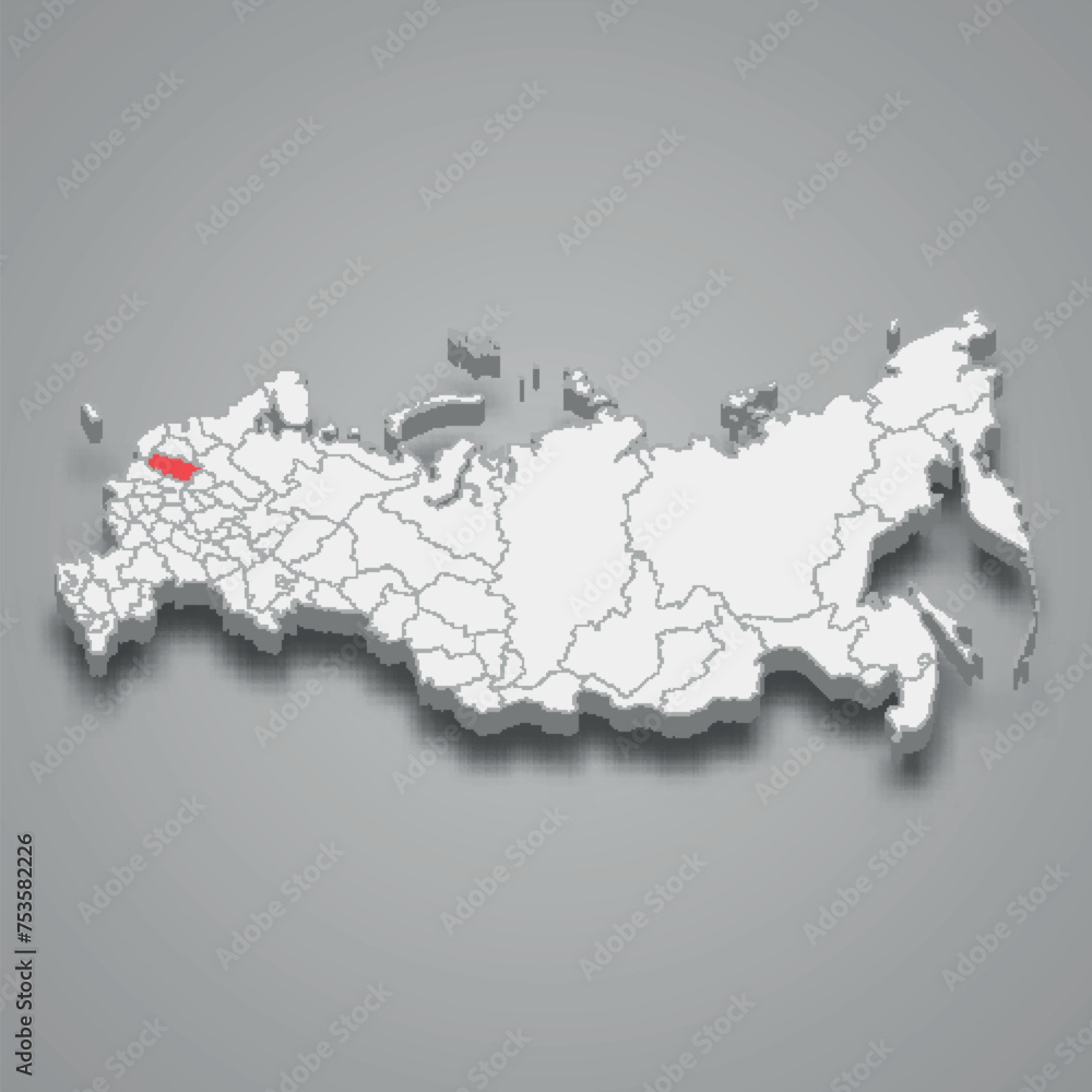 Tver region location within Russia 3d map