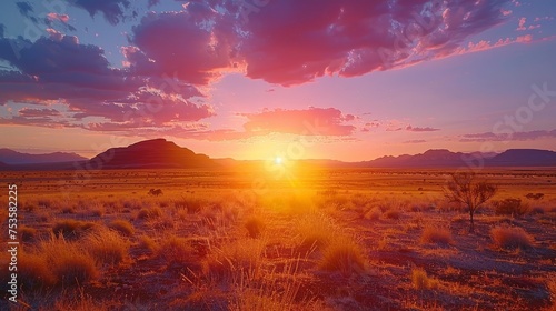 The setting sun bathes the desert landscape and silhouetted mountain range in vibrant shades of orange and purple.