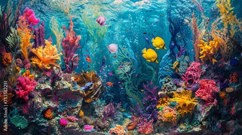 A colorful underwater seascape showcasing a diverse coral reef with abundant fish and marine plants.