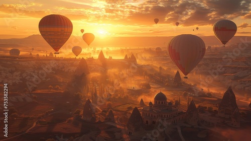 A breathtaking view of hot air balloons floating over the unique landscape of Cappadocia during a misty sunrise.