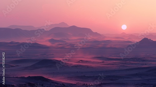 A serene sunrise unfolds over a vast desert landscape, casting a soft pink glow over the undulating dunes and distant mountains.