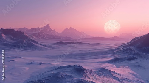 The full moon casts a surreal glow on the pristine snow-covered peaks, with the soft twilight sky creating a peaceful landscape.