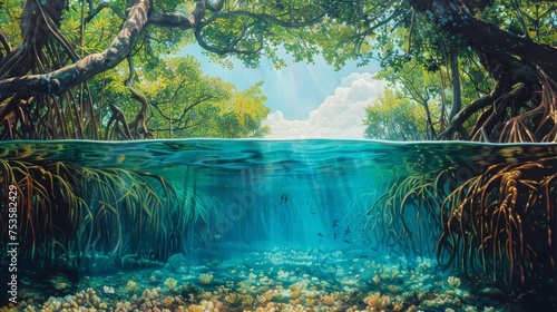 A unique perspective of a sun-drenched mangrove forest, revealing the vibrant life above and beneath the water's surface. photo