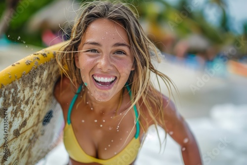 Joyful Young Female Surfer Smiling with Surfboard on Sunny Beach - Lifestyle, Happiness and Active Sports Concept © pisan