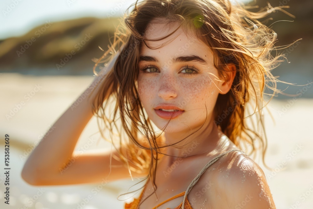 Serene Young Woman with Freckles Enjoying the Sun at the Beach Serene Young Woman with Freckles Enjoying the Sun at the Beach