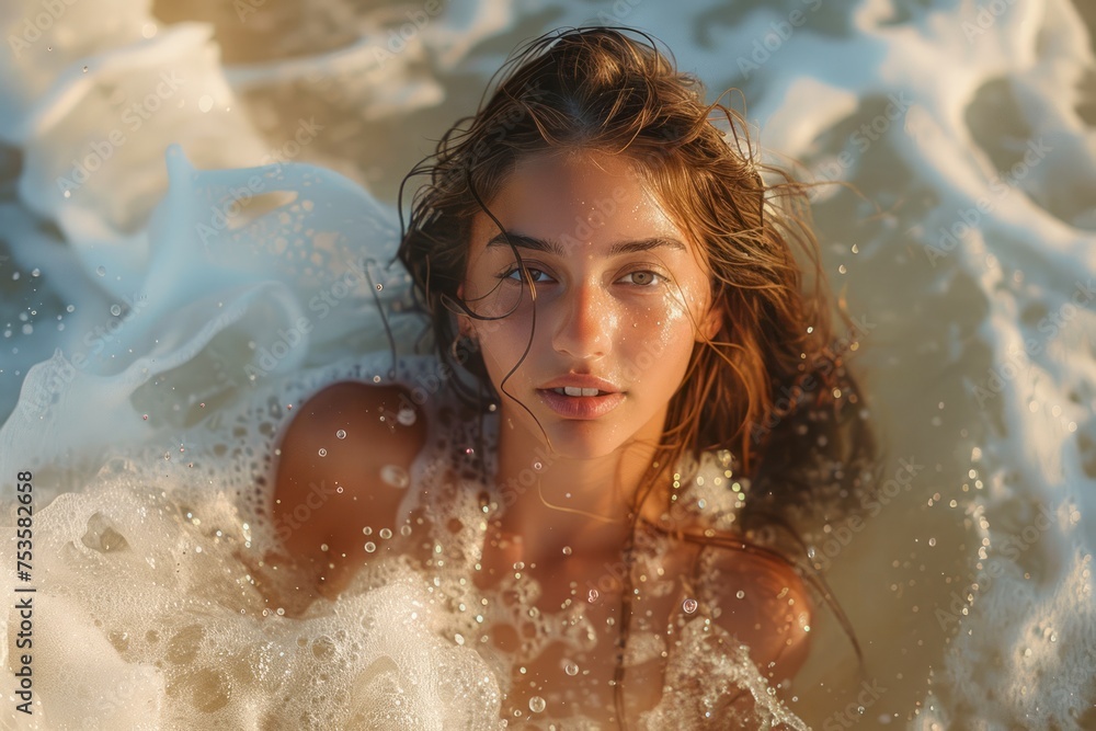 Obraz premium Young Woman Relaxing in Sunlit Ocean Waves, Golden Hour Beach Scene with Water Foam