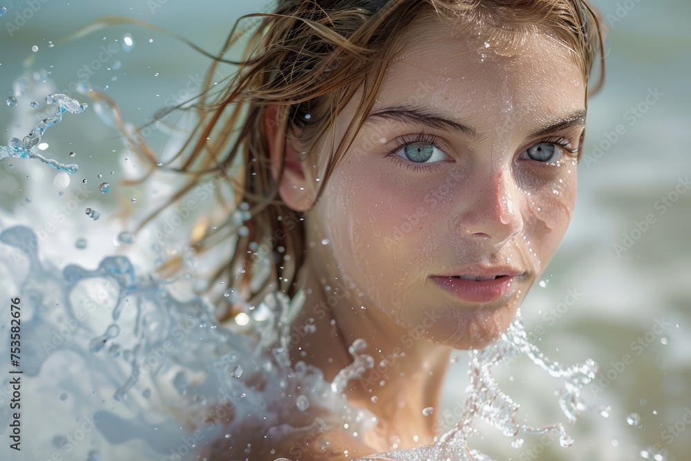 Young Woman with Sparkling Blue Eyes Emerges from Crystal Clear Water, Drops Glistening in Sunlight Young Woman with Sparkling Blue Eyes Emerges from Crystal Clear Water, Drops Glistening in Sunlight