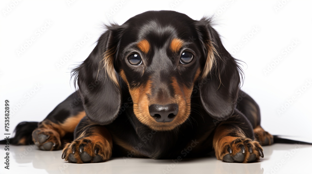Studio shot of an adorable dachshund puppy isolated on white background