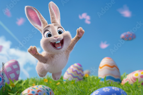Cute Easter bunny smiling and jumping on a green meadow with Easter eggs. Generative ai 