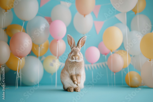 Cute Easter bunny with balloons. Easter party. Generative Ai
