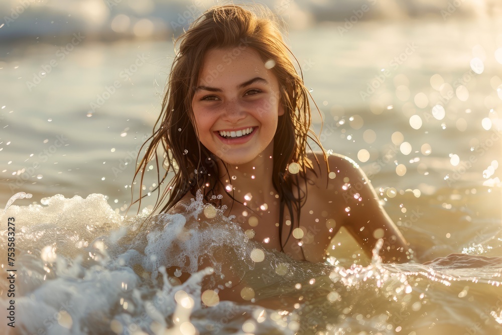 Joyful Young Woman Enjoying Ocean Waves at Sunset with Water Sparkles Around Joyful Young Woman Enjoying Ocean Waves at Sunset with Water Sparkles Around