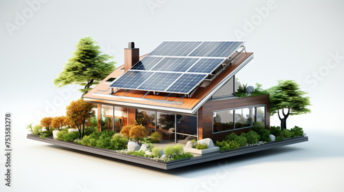 3D render of a modern smart home, featuring solar panels for renewable energy. Solar panels, green energy for home, white background, 3d illustration