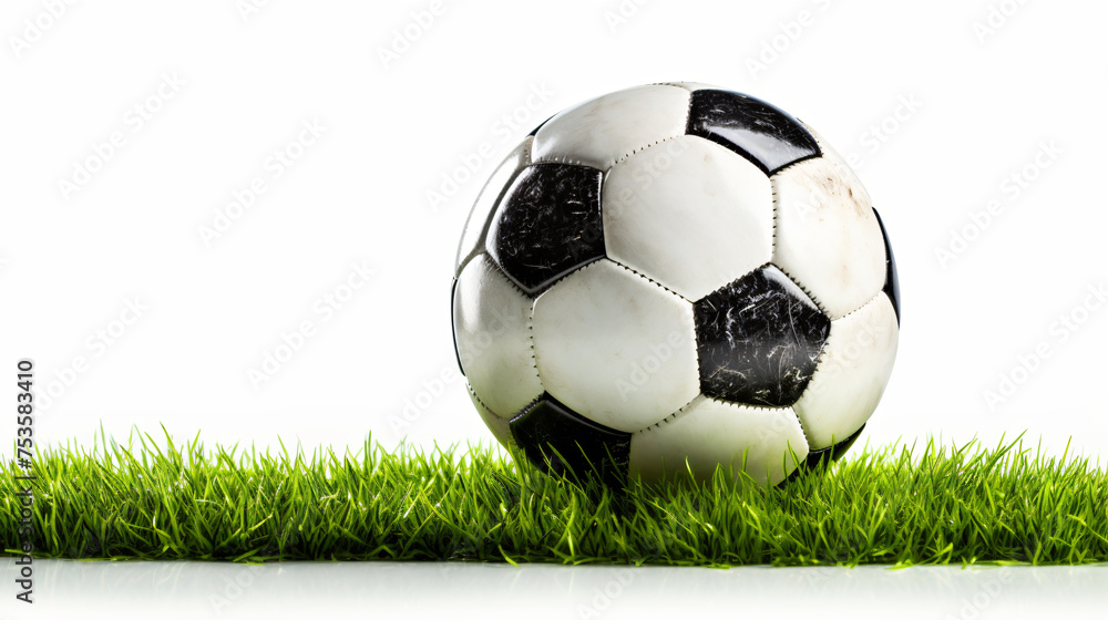 Fototapeta premium soccer ball in green grass blades of grass 3d-illustration