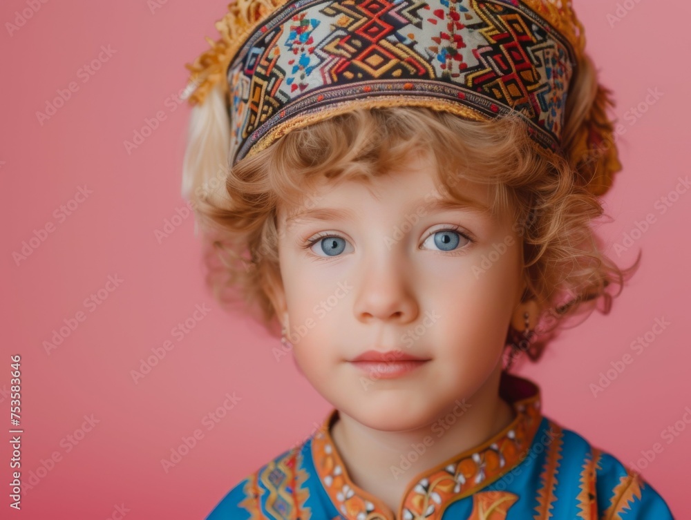 A young girl wearing a colorful hat and a blue dress. She has a big smile on her face A young girl wearing a colorful hat and a blue dress. She has a big smile on her face