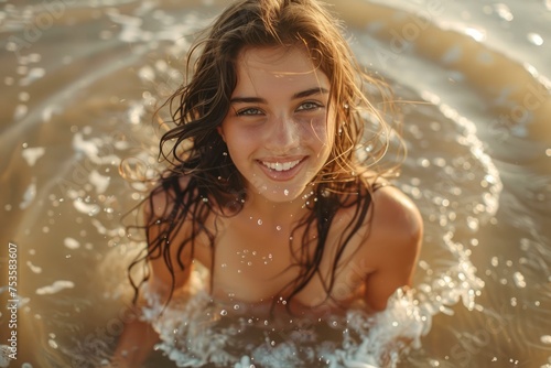 Young Woman Enjoying a Refreshing Swim in Sunlit Water During Golden Hour  Portrait with Sparkling Drops