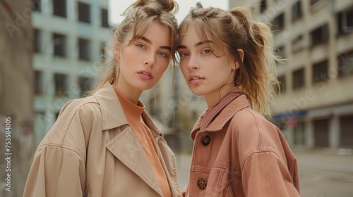 Young women showcasing eco-friendly fashion on city street. Clothing features natural fabrics, linen and organic cotton, colors inspired by nature. Sustainable Fashion concept. Generative ai
