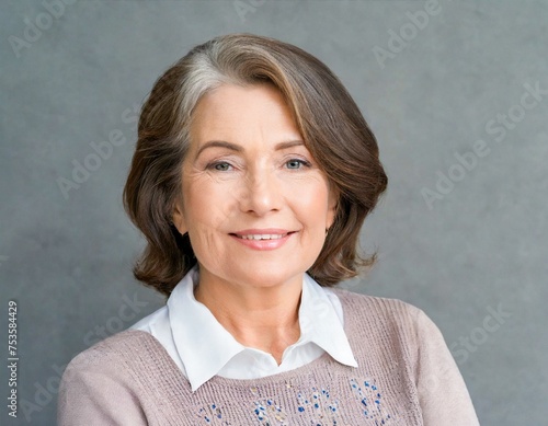 portrait of beautiful 55 65 year old woman senior older female on gray background