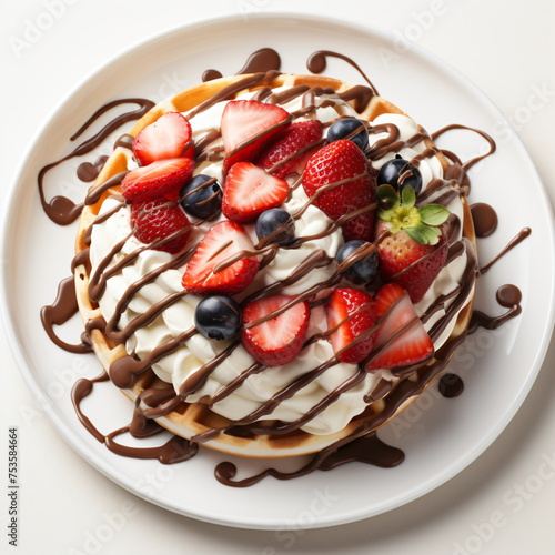 Top view of pancakes with strawberries, chocolate and cream