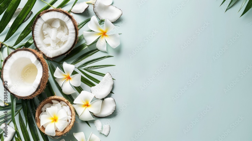 Coconut oil and tropical leaves and flowers. Hair care spa concept.